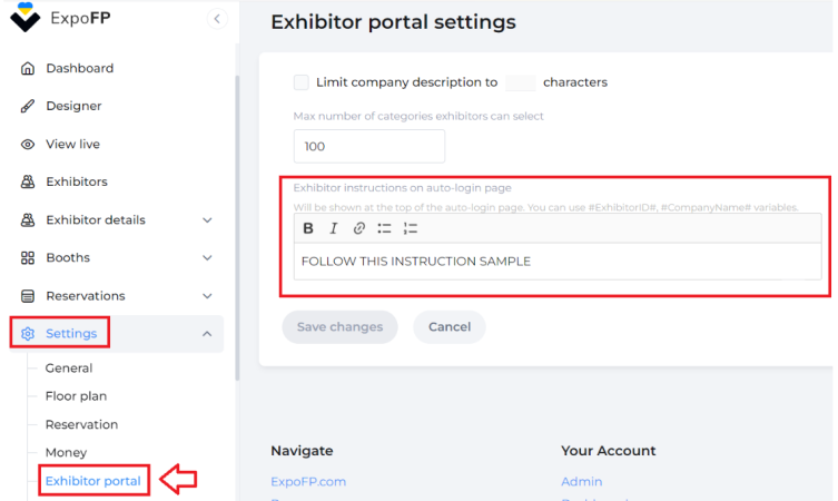 Exhibitors section with "Settings" and exhibitor instructions in boxes and "Exhibitor Portal" in box with arrow pointing to it