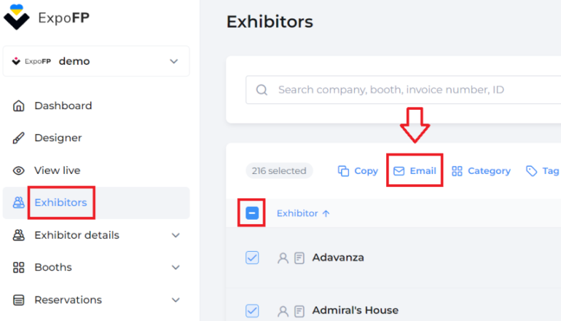 Exhibitors section with "Exhibitors" and drop-down symbol in boxes and "Email" in box with arrow pointing to it