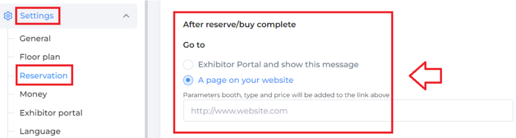 Exhibitors section with "Settings" and "Reservation" in boxes and "after reserve/buy complete" section in box with arrow pointing to it