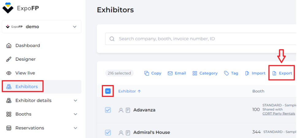 Exhibitors section with "Exhibitors" and drop-down symbol in boxes and "Export" in box with arrow pointing at it