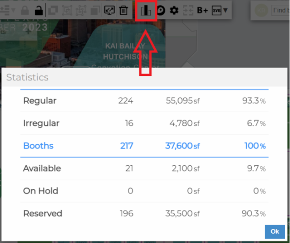 Statistics screen with statistics icon in box and arrow pointing to it