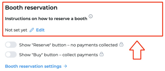 Booth reservation screen with "instructions on how to reserve a booth" in box with arrow pointing to it