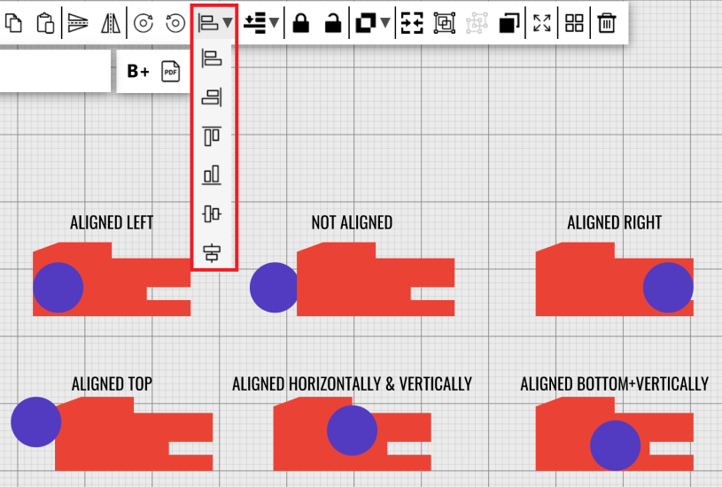 Designer screen with different aligning example and align tool options in box