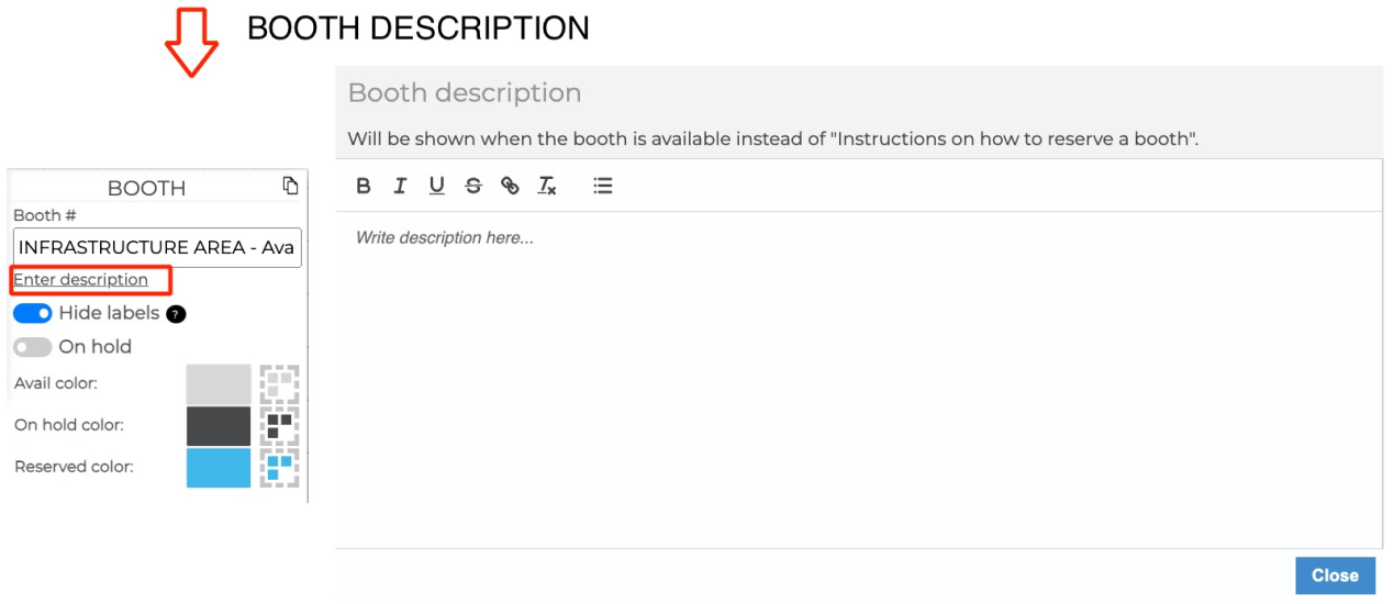 Booth description pop up with "Enter description" in box and arrow pointing to it