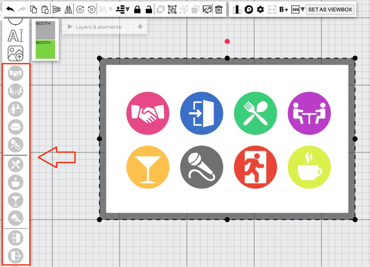 Designer screen with map icons in box with arrow pointing to it