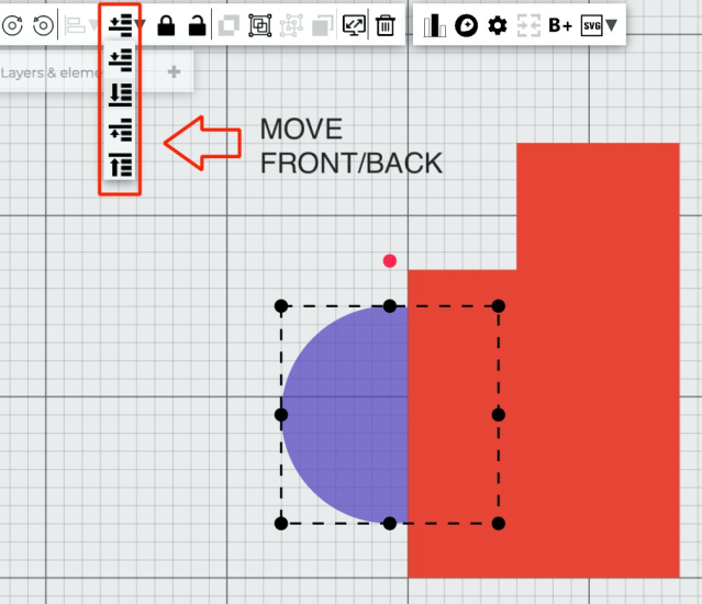 Designer screen with purple circle behind shape with move element tool options in box with arrow pointing to it