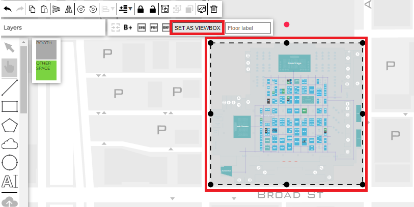 Designer screen with “set as viewbox” and venue map in red boxes