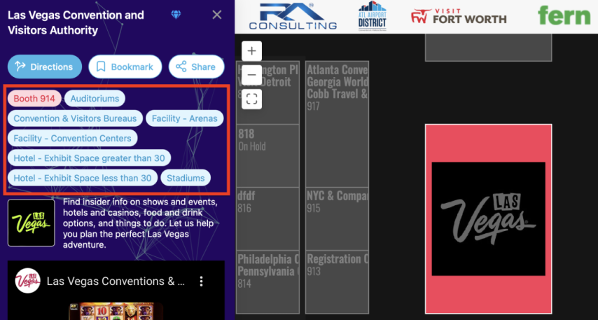 Floor plan with booth selected and company profile listing categories