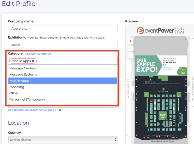 Edit profile section of Exhibitor Portal with Category in box