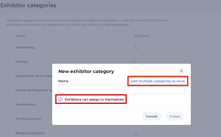 New exhibitor category pop-up window with "add multiple categories at once" and "Exhibitors can assign to themselves" in boxes