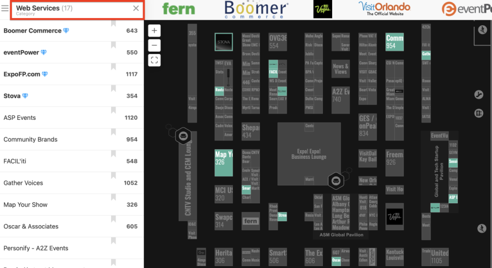 Floor plan with "Web Services" category in box and multiple booths highlighted