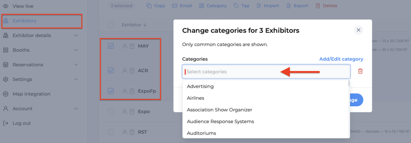 Back end with change categories pop-up window and "exhibitor list" and multiple exhibitors in box, arrow pointing to "select categories"