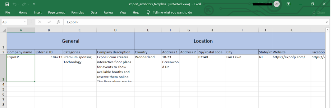 Excel file showing different columns of information