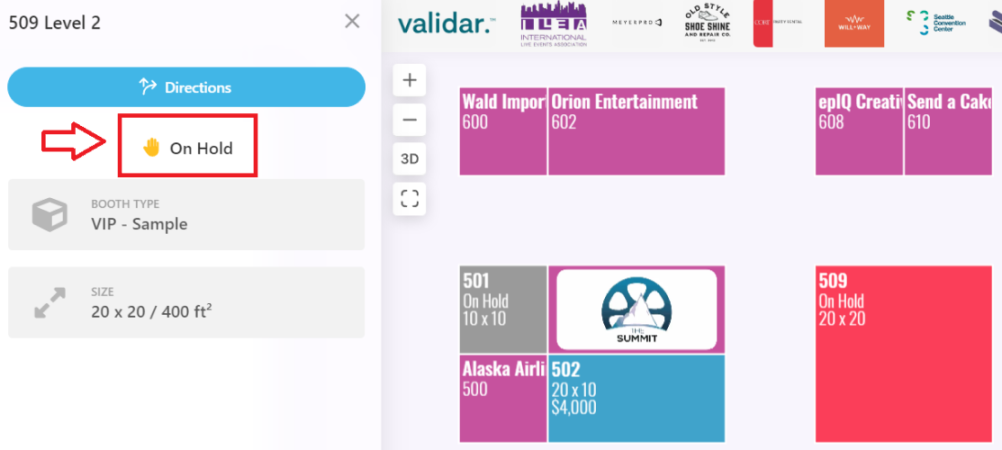 Exhibitors page with "Exhibitors" in box and blue hand in box with arrow pointing to it