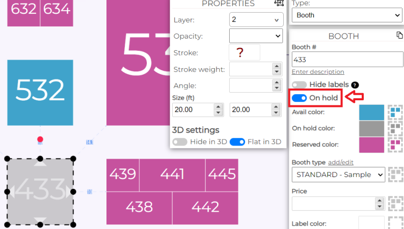 Detail of Designer with booth selected and "On Hold" in box with arrow pointing to it
