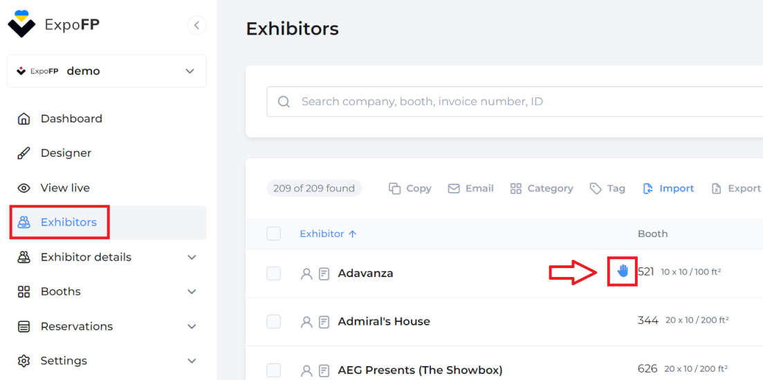 Exhibitors page with “Exhibitors” in box and blue hand icon in box with arrow pointing to it