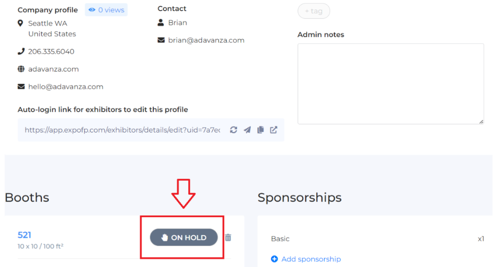 Detail of Designer with booth selected and "On Hold" in box with arrow pointing to it