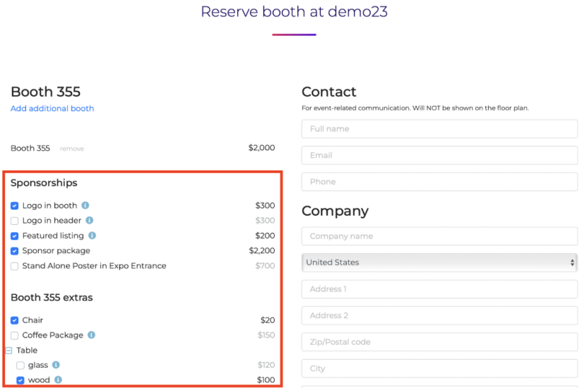 Reserve booth page with sponsorships section in box