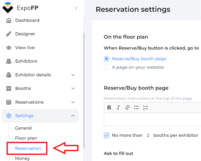 Reservation settings page with "Reservation" in box with arrow pointing to it