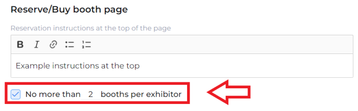 Detail from reservation settings page with "booths per exhibitor" section in box with arrow pointing to it