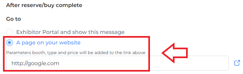 Detail from reservation settings page with "a page on your website" forwarding option in box with arrow pointing to it