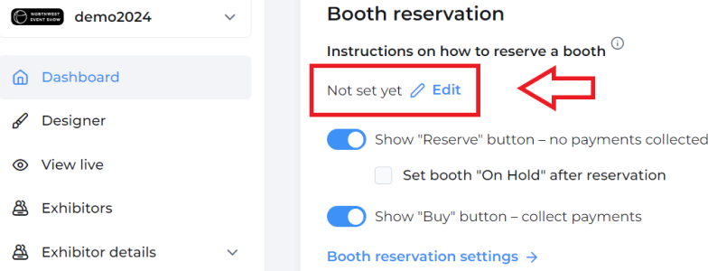 Booth reservation section of Dashboard with reservation instructions in box with arrow pointing to them